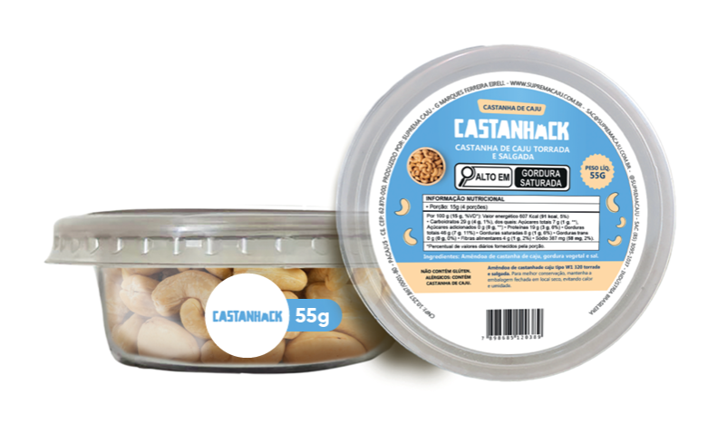 Potes de 55g de castanha de caju inteira torrada e salgada Castanhack da Suprema Caju