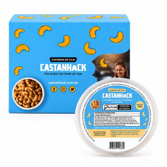 Display Castanhack com 9 unidades de 55g de castanha de caju inteira torrada e salgada da Suprema Caju