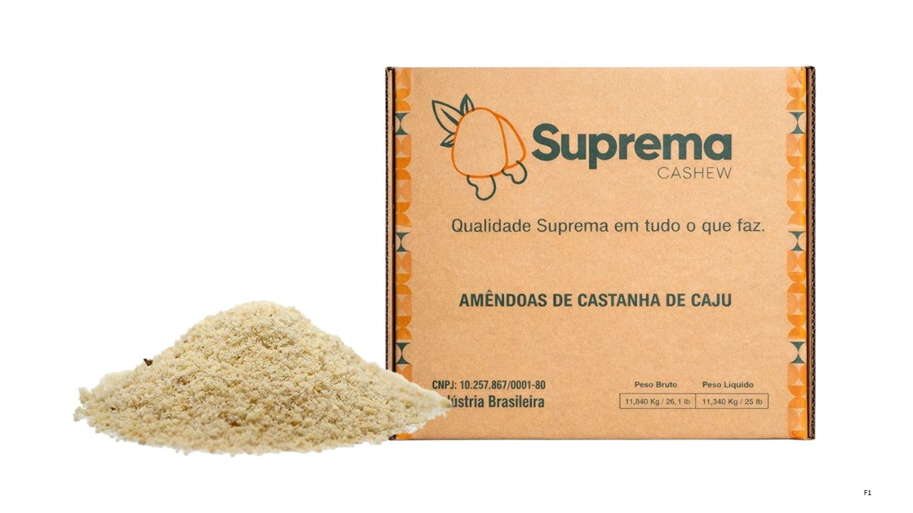 Caixa de 11,34 kg de farinha de castanha de caju torrada Primeira Qualidade da Suprema Caju para atacado e indústria
