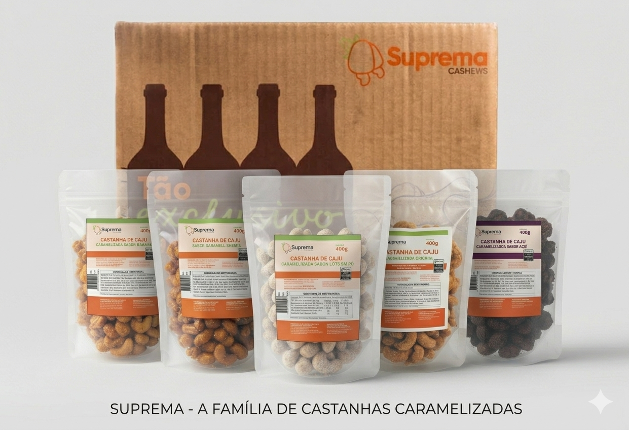 KIT CASTANHAS CARAMELIZADAS GOURMET – SABORES ESPECIAIS | CAIXA COM 5 PACOTES DE 400G