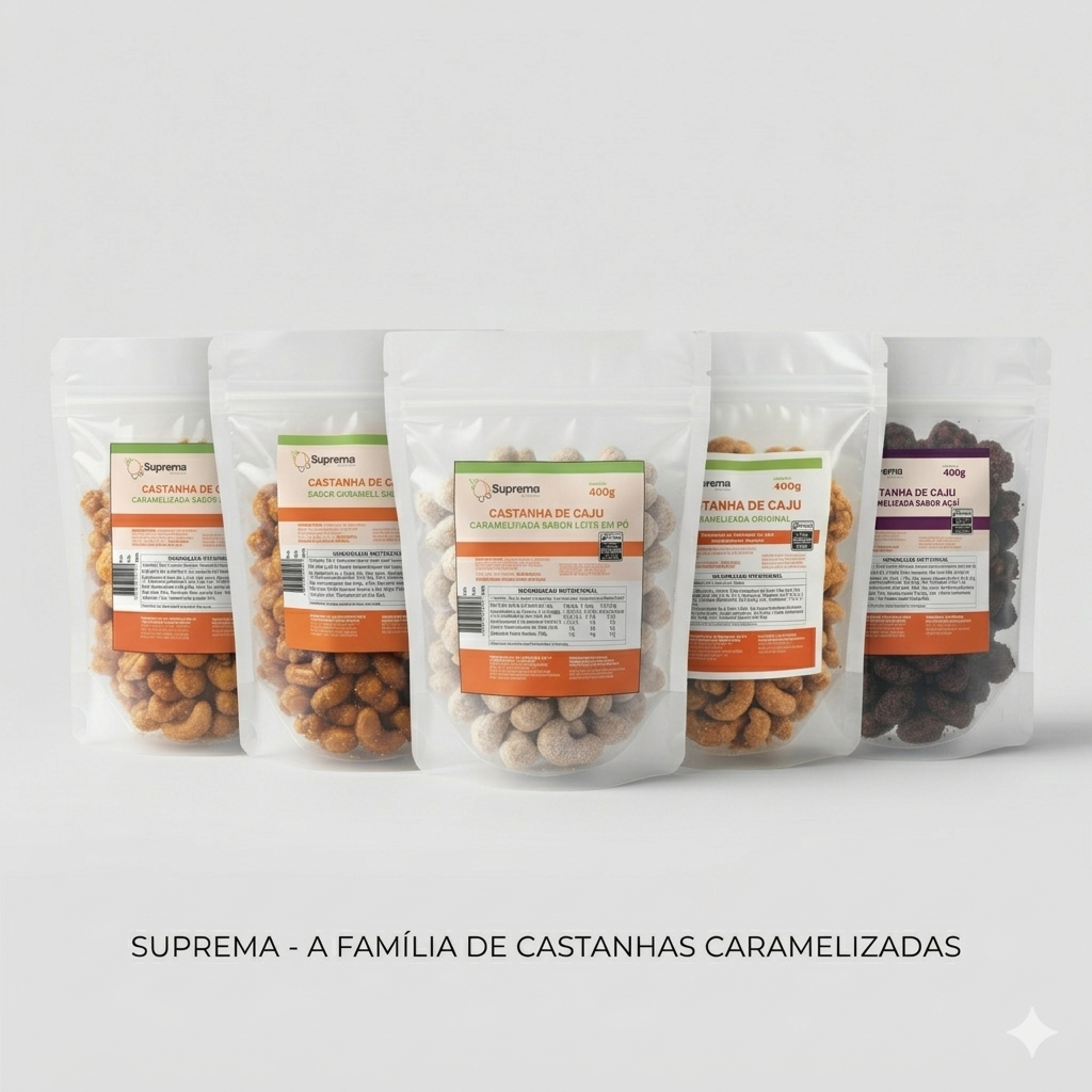 KIT CASTANHAS CARAMELIZADAS GOURMET – SABORES ESPECIAIS | CAIXA COM 5 PACOTES DE 400G