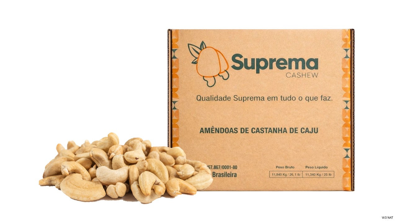 Caixa de 11,34 kg de castanha de caju inteira W3 natural da Suprema Caju para atacado e indústria