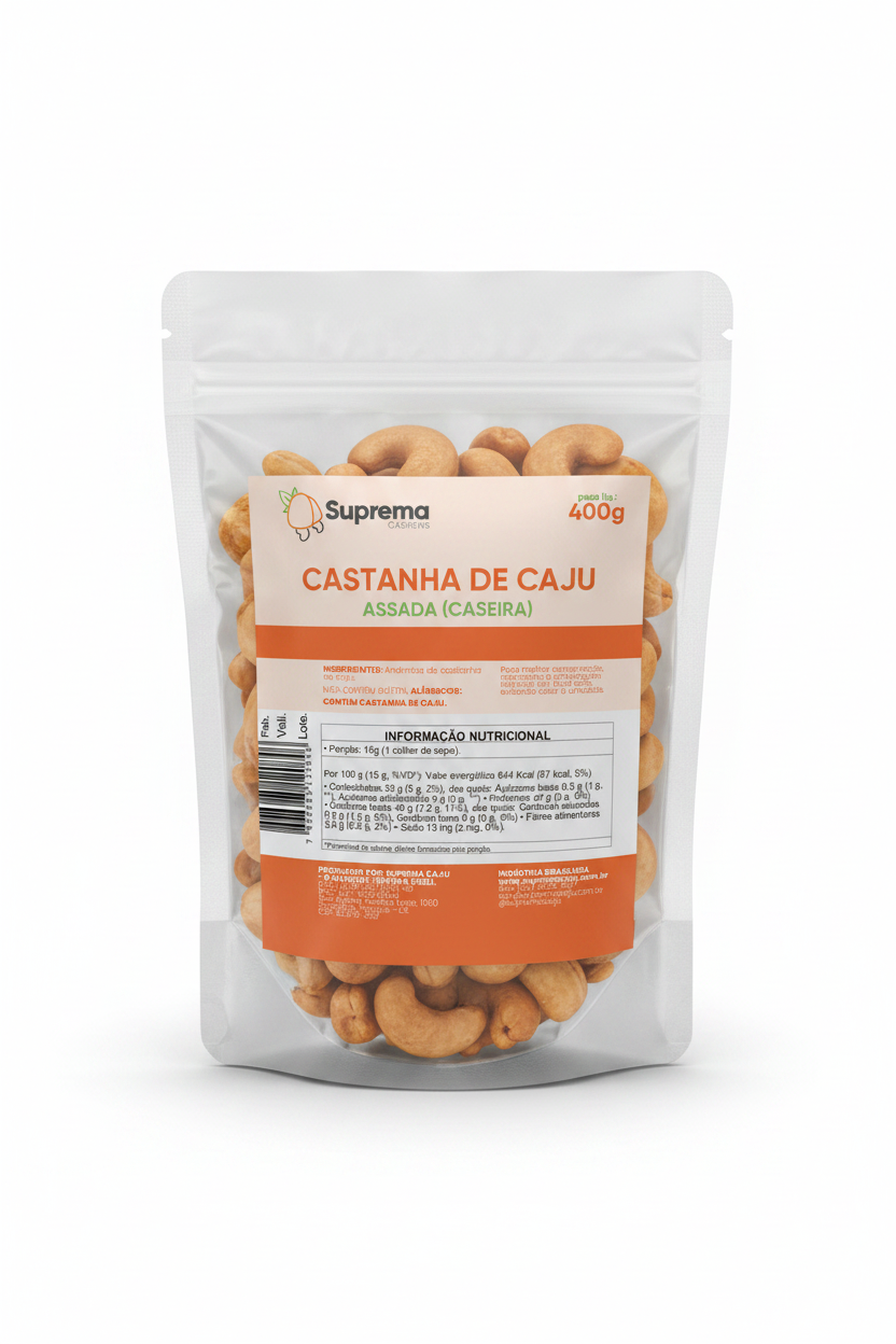 Pacote de 400g de castanha de caju assada caseira do Kit Inteira Seleção Suprema Caju