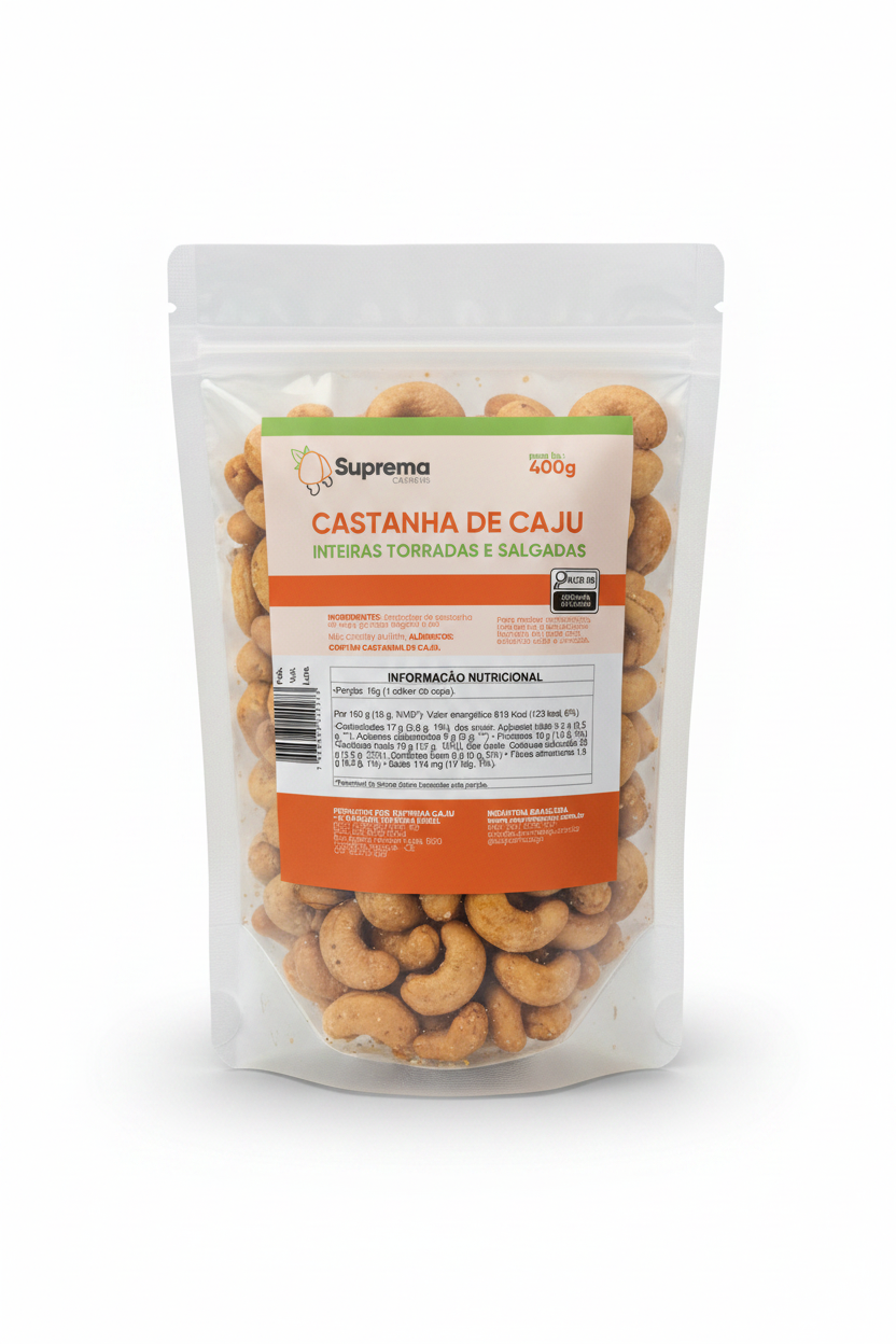Pacote de 400g de castanha de caju inteira torrada e salgada do Kit Inteira Seleção Suprema Caju